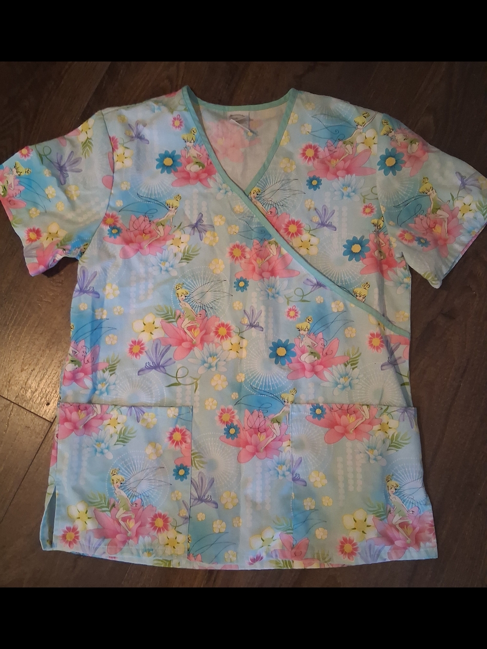 Disney Light Blue and Pink Tinker Bell Nursing Womans Scrub-